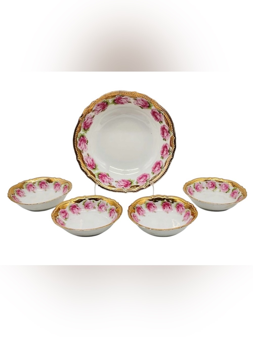 Antique P.K. Silesia German Punk Rose Gilt Porcelain Berry / Dessert 5 Piece Set